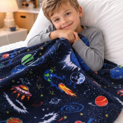 Dunkelblaue Wellsoft Kuscheldecke mit Planeten Muster in verschiedenen Größen
