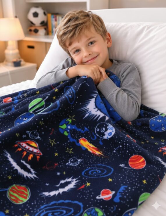 Dunkelblaue Wellsoft Kuscheldecke mit Planeten Muster in verschiedenen Größen
