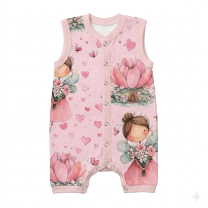 Rosa ärmelloser Baby Body mit kurzen Beinen und Feen-Muster aus Baumwolle