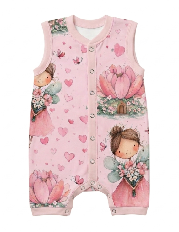 Rosa ärmelloser Baby Body mit kurzen Beinen und Feen-Muster aus Baumwolle