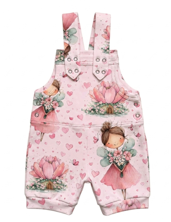 Rosa kurze Latzhose mit Feenmotiv aus Baumwolle für Baby Mädchen
