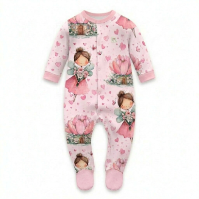 Rosa Baby Strampler mit Feen-Muster, langen Ärmeln, Füßen und Druckknöpfen