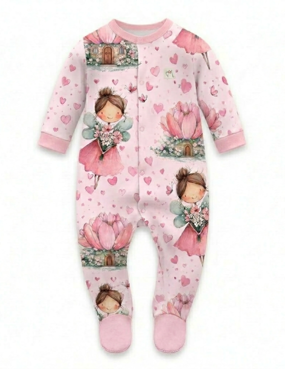 Rosa Baby Strampler mit Feen-Muster, langen Ärmeln, Füßen und Druckknöpfen