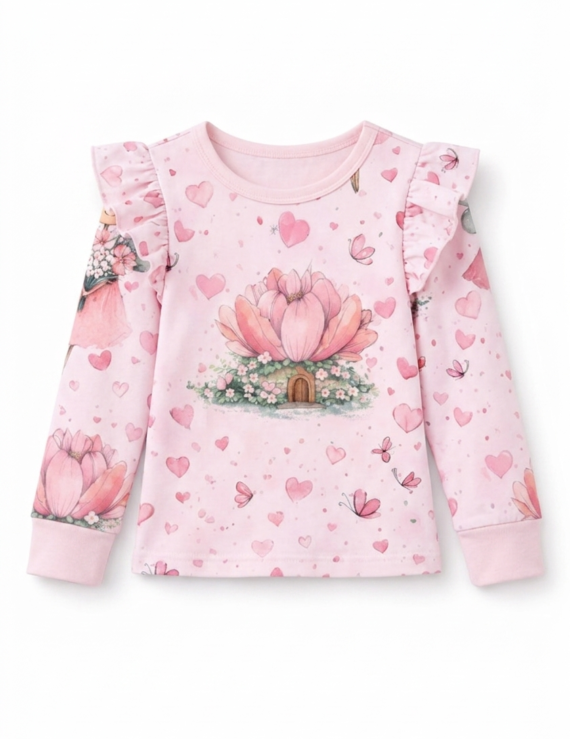 Rosa Babyshirt mit Feen-Muster und langen Ärmeln aus Baumwolle