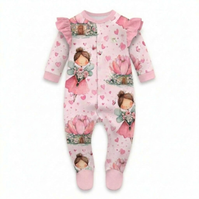 Rosa Baby Strampler mit Feen-Muster, langen Ärmeln und Füßen für Mädchen