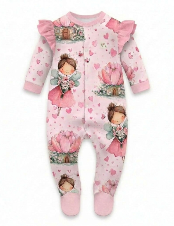 Rosa Baby Strampler mit Feen-Muster, langen Ärmeln und Füßen für Mädchen