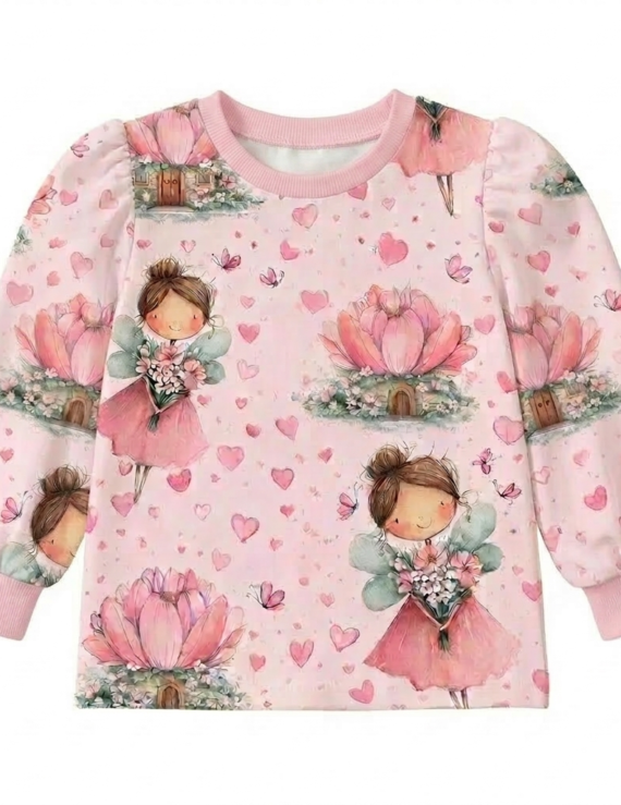Rosa Baby Pullover mit Feen-Muster und Puffärmeln aus Baumwolle