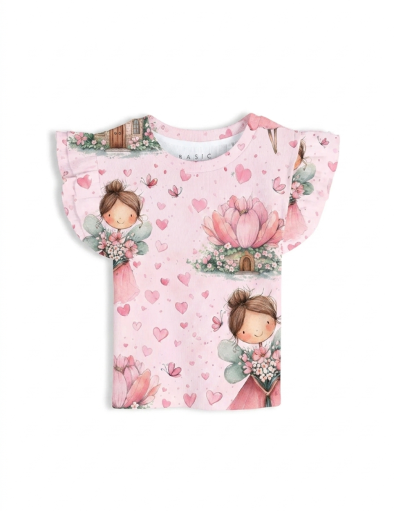 Rosa Baby Shirt mit Feen-Muster und Rüschenärmeln aus Baumwolle