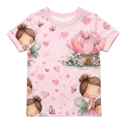 Rosa Baumwollshirt für Baby Mädchen mit Feenmotiv und kurzen Puffärmeln