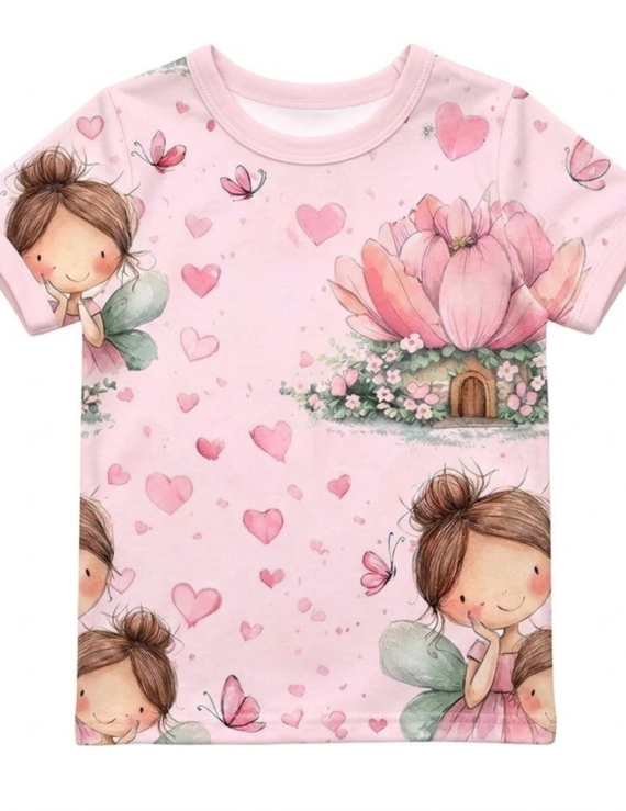 Rosa Baumwollshirt für Baby Mädchen mit Feenmotiv und kurzen Puffärmeln