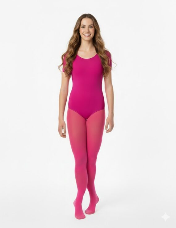 Spezieller Damen-Body Kurzarm – Pink – Frau mit langen braunen Haaren trägt einen pinken kurzärmeligen Body und eine Strumpfhose.