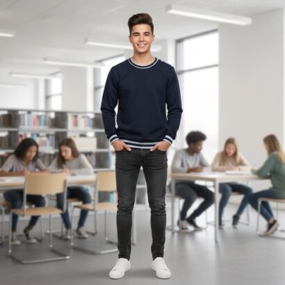 Teenager Junge in dunkelblauem Langarm Pullover