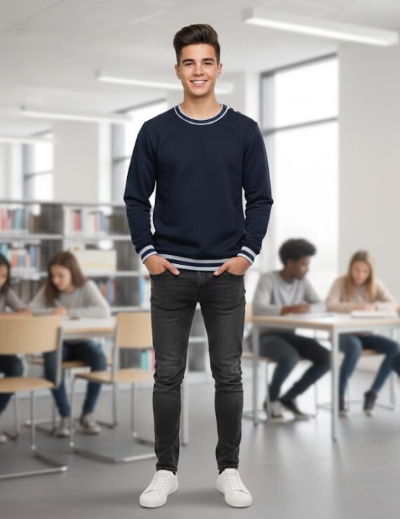 Teenager Junge in dunkelblauem Langarm Pullover