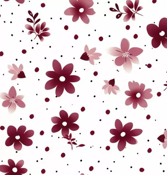 Textil mit kleinen bordeauxfarbenen Blumen auf weißem Hintergrund
