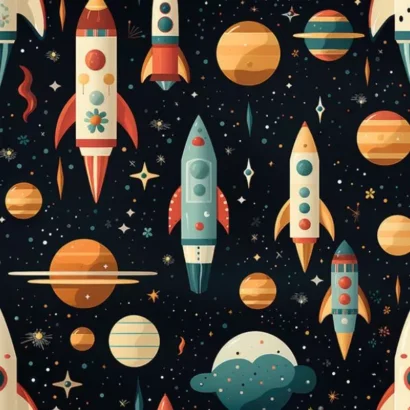 Dunkelblauer Stoff mit Planeten-Motiv