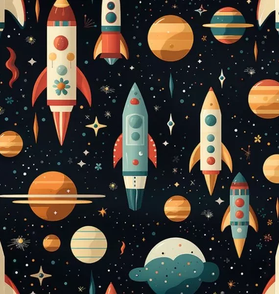 Dunkelblauer Stoff mit Planeten-Motiv