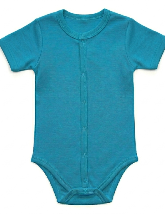 Türkiser kurzärmliger Baby Body aus Baumwolle mit durchgehender Druckknopfleiste vorne für Jungen.