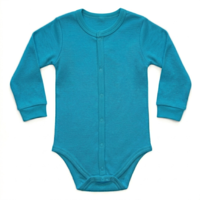 Langärmliger türkisfarbener Baby Body aus Baumwolle für Jungen.