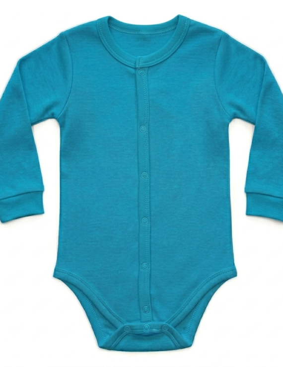 Langärmliger türkisfarbener Baby Body aus Baumwolle für Jungen.