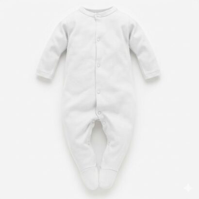 Weißer Baby Strampler aus Baumwolle mit langen Ärmeln und Füßen für Babys