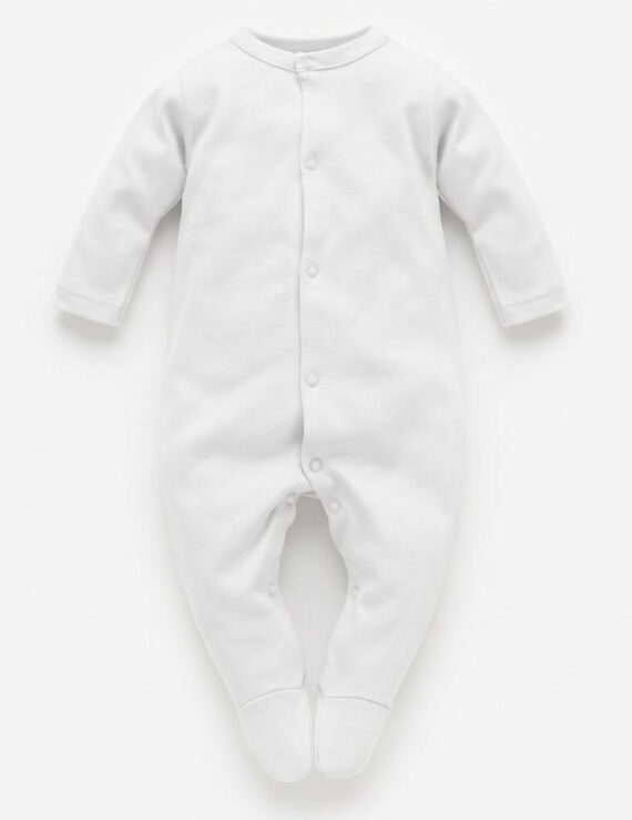 Weißer Baby Strampler aus Baumwolle mit langen Ärmeln und Füßen für Babys