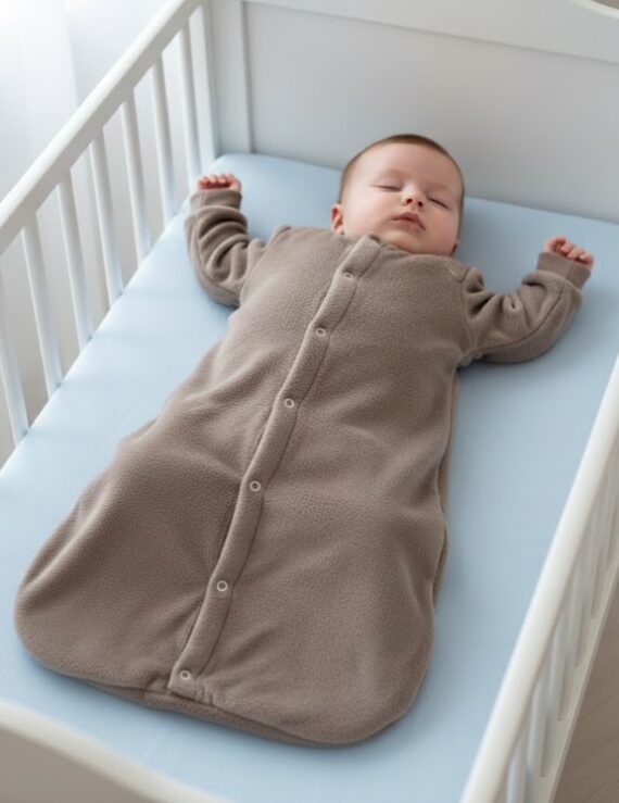 Baby-Junge schläft im drappfarbenen Wellsoft-Schlafsack im Kinderbett
