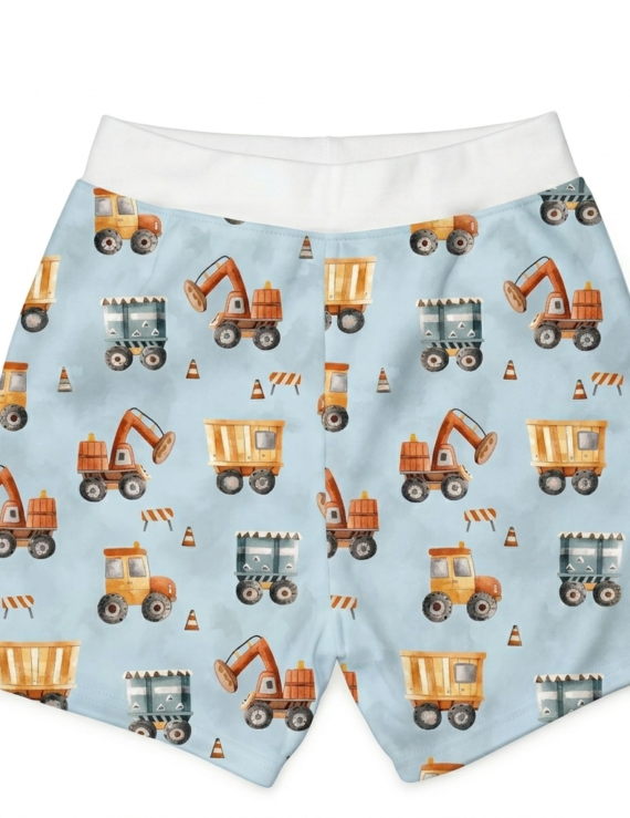 Bau Shorts Baby in Grünblau mit Baustellenfahrzeugen