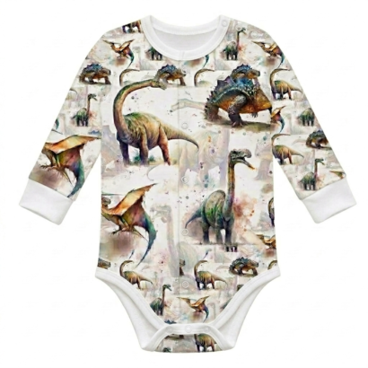 Langarm Dino Kinderbody aus Oeko-Baumwolle mit Druckknöpfen vorne