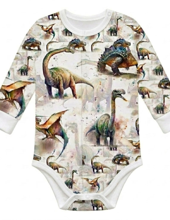 Langarm Dino Kinderbody aus Oeko-Baumwolle mit Druckknöpfen vorne
