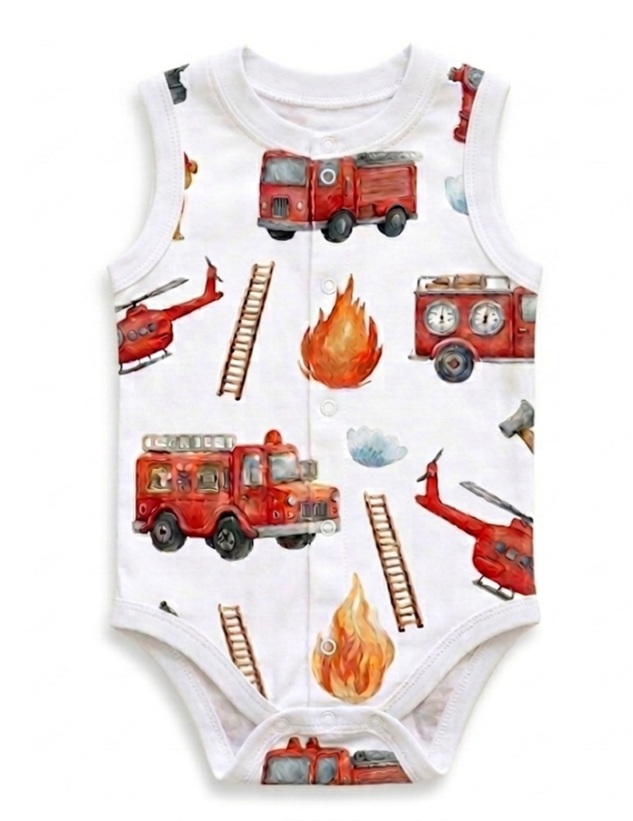 Ärmelloser Feuerwehr Kinderbody aus Oeko-Baumwolle mit Druckknöpfen vorne