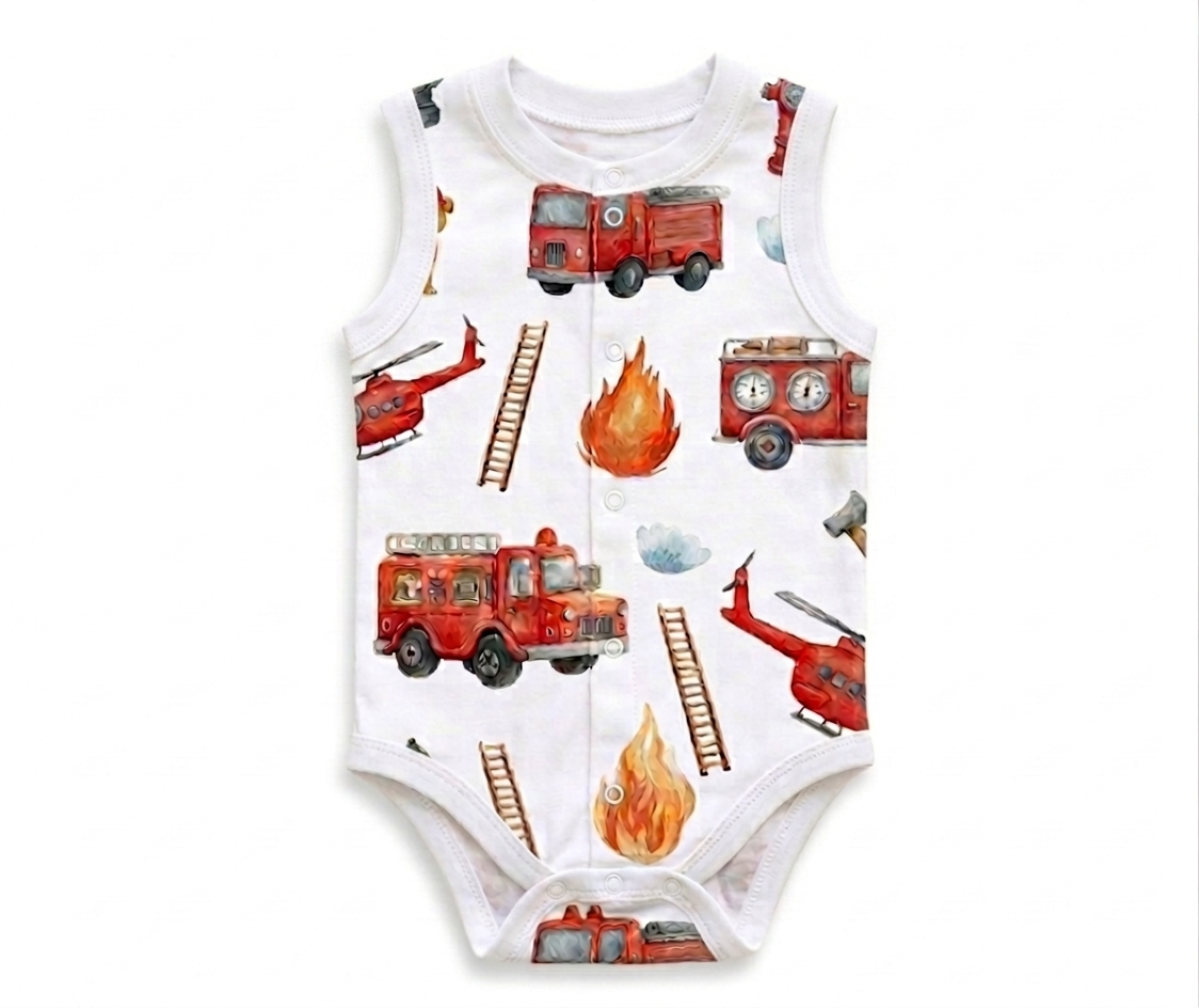 Ärmelloser Feuerwehr Kinderbody aus Oeko-Baumwolle mit Druckknöpfen vorne
