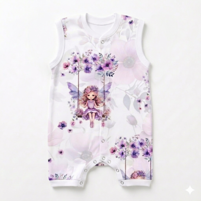 Ärmelloser lila Feen Sommer Body aus OEKO Baumwolle mit Feenmotiv
