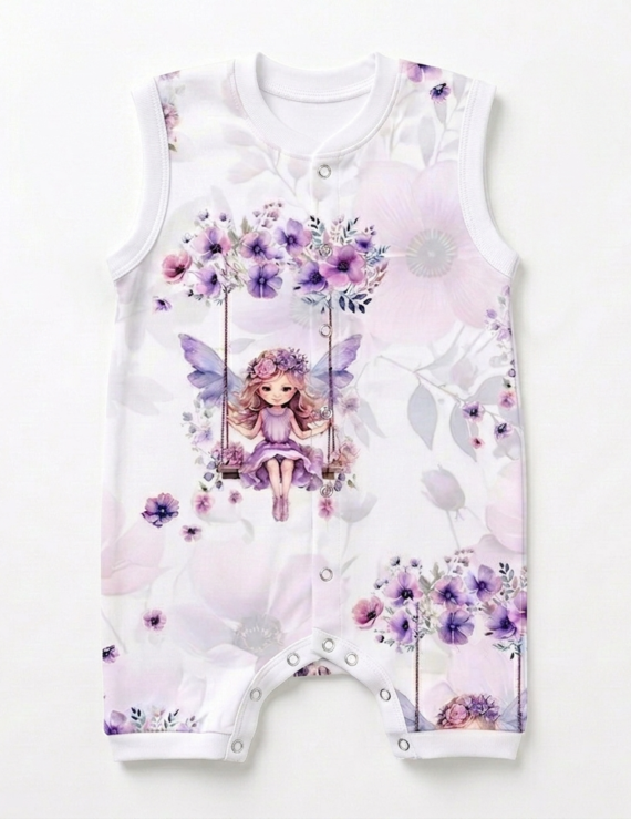 Ärmelloser lila Feen Sommer Body aus OEKO Baumwolle mit Feenmotiv