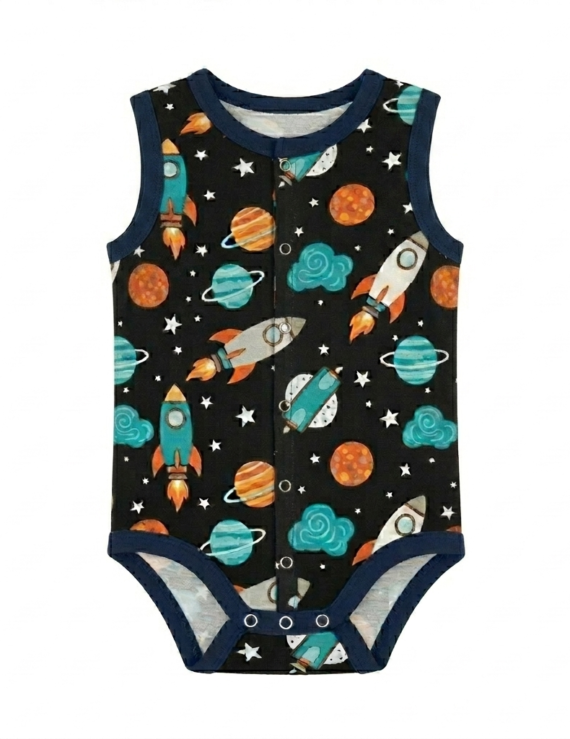 Dunkelblauer ärmelloser Kinderbody mit Planeten-Muster und Druckknöpfen vorne