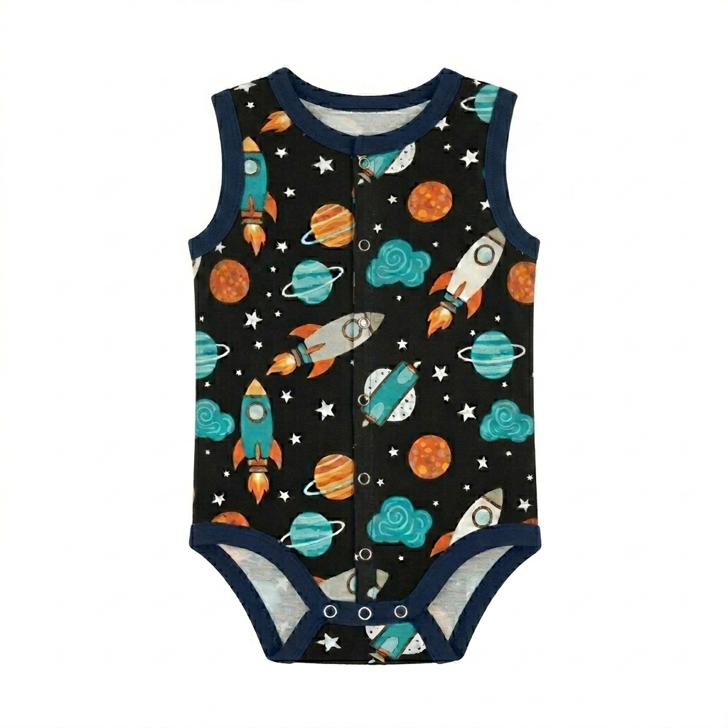 Dunkelblauer ärmelloser Kinderbody mit Planeten-Muster und Druckknöpfen vorne