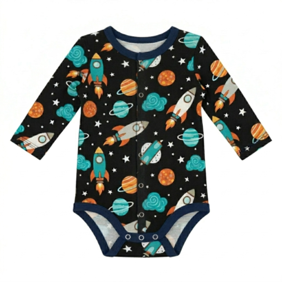 Dunkelblauer Langarm Kinderbody mit Planeten-Muster und Druckknöpfen vorne