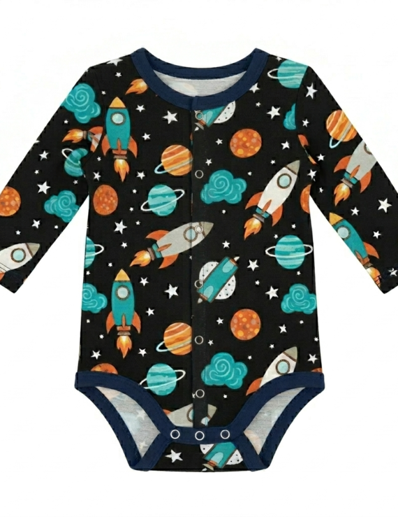 Dunkelblauer Langarm Kinderbody mit Planeten-Muster und Druckknöpfen vorne