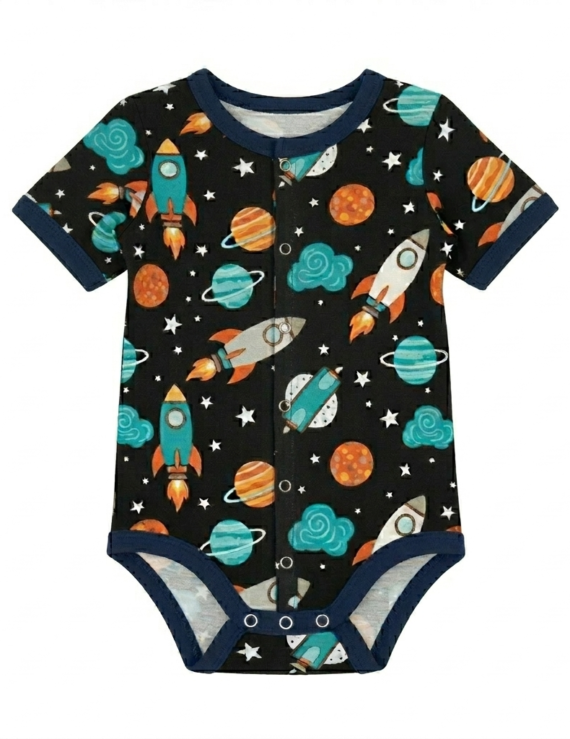 Dunkelblauer Kurzarm Kinderbody mit Planeten-Muster und Druckknöpfen vorne
