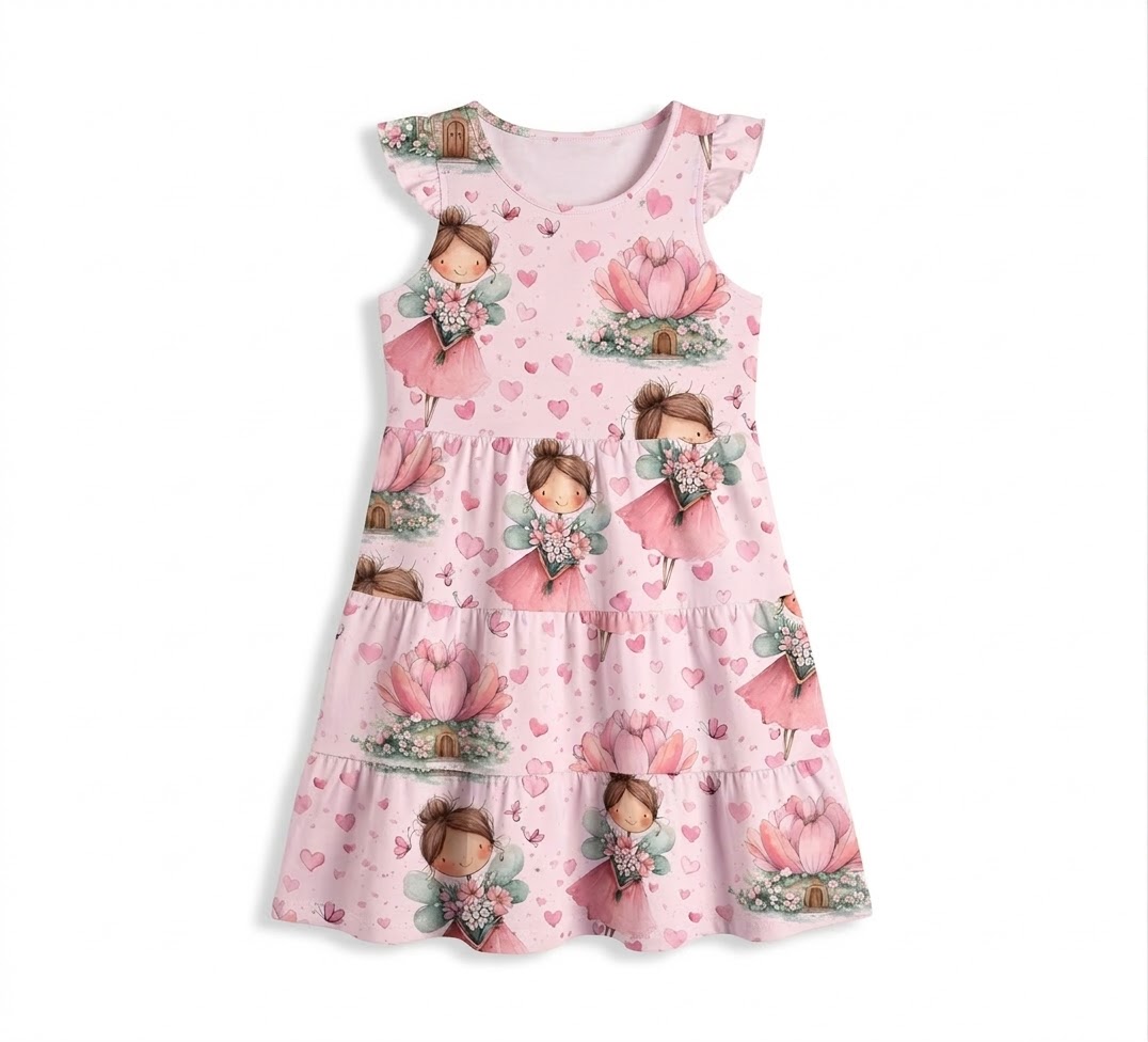 Rosa Feen Mädchenkleid aus Baumwolle mit Rüschen für Kinder